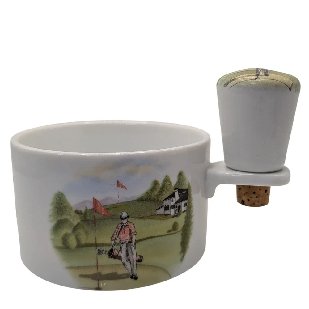 Liette Int‎ Wine Bottle Coaster and Stopper Hand Decorated Porcelain Golf Scene